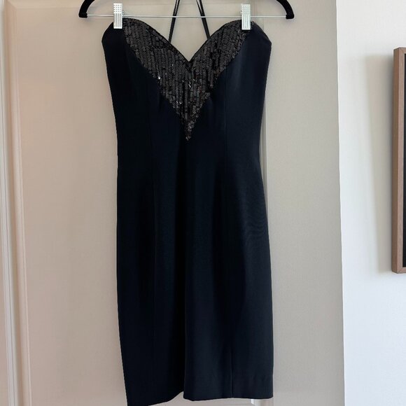 Oleg Cassini Black Tie Penic Dress with Sweetheart Sequin Neckline & Back Slit - Picture 1 of 5
